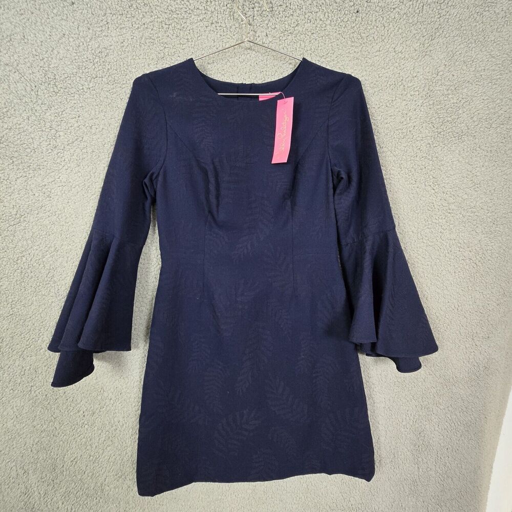Lilly Pulitzer Dress Womens 4 Navy Kayla Stretch Textured Bell Sleeve Back Zip